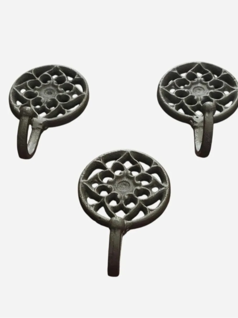 Vintage Wall Hooks Set of 3 Gray Cast Iron Decorative Floral